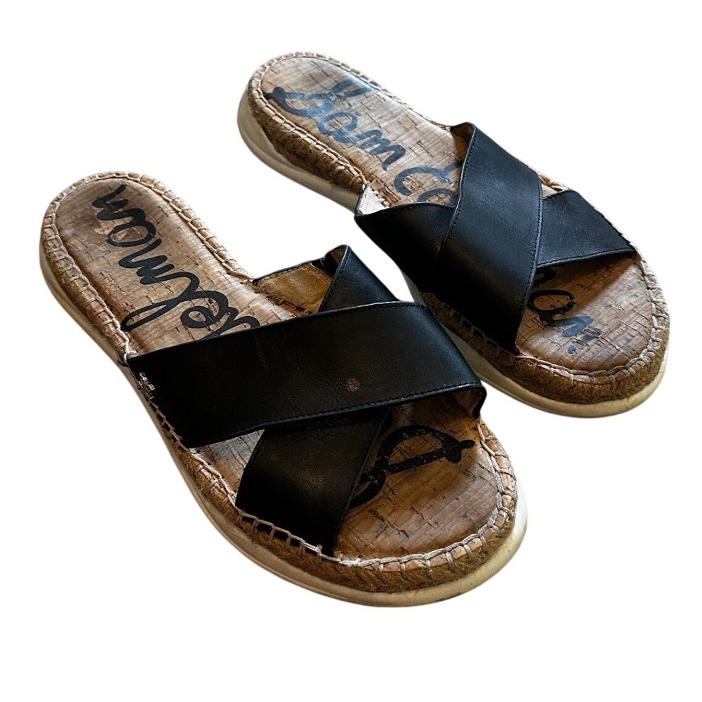 Sam Edelman Jen Black Leather Cross Strap Cork Espadrille‎ Slide Sandals 8.5